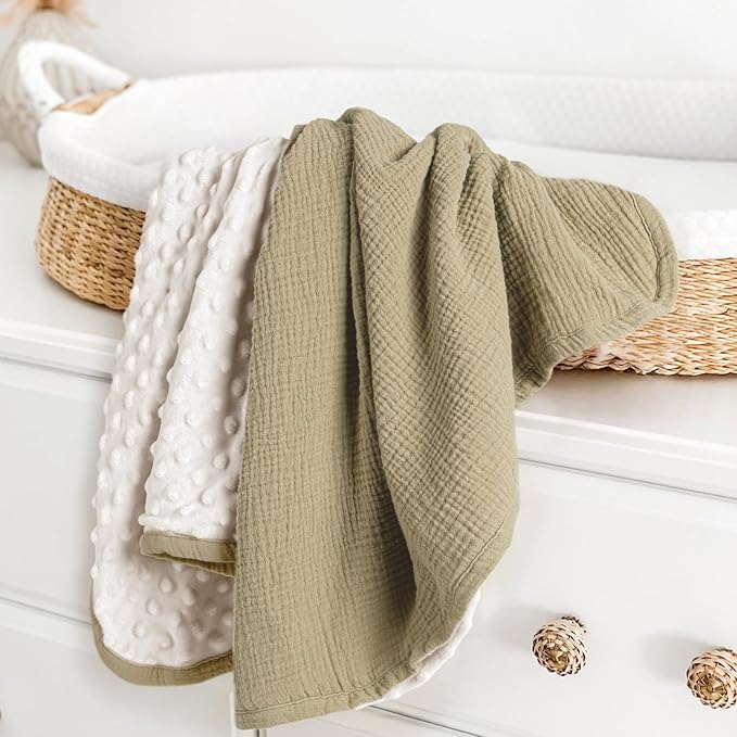 lulumoon Baby Blanket for Newborn Receiving: Minky Dot & Muslin Lightweight - Thermal Blanket Gift for Baby Shower & Hospital Welcoming 30"x40"（Olive）