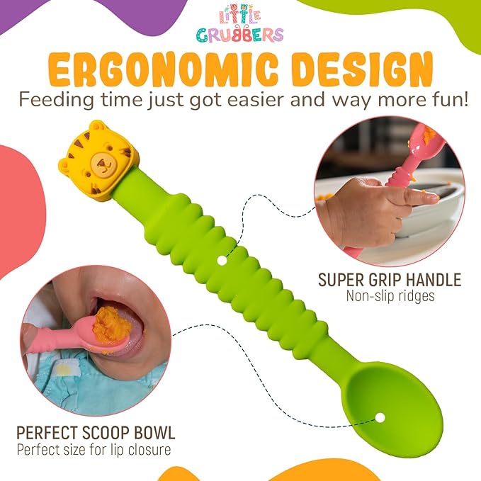 3-in-1 Silicone Baby Spoon Self Feeding 6+ Months - Pediatric OT Designed Teether Spoon, BPA Free Toddler Utensils, Mess-Free, Fun for Baby Led Weaning Supplies, Dog & Cow