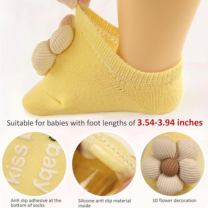 4Packs Baby Girls Socks, Flower Non-Slip Grips - Image 4