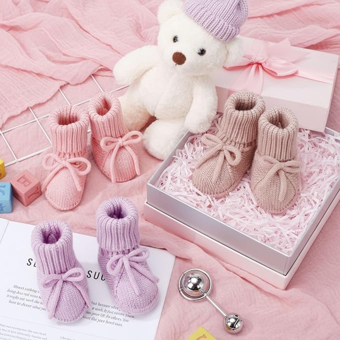 Evervibe 3 Pair Knitted Baby Booties | 100% Cotton, 0-6 Months Newborn - Image 2