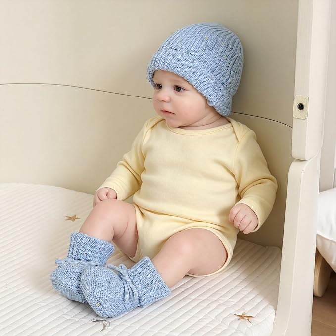 LAWKUL Baby Beanie and Booties 2-Piece Set | Newborn, Knit Hat, Cotton Sock - Image 3