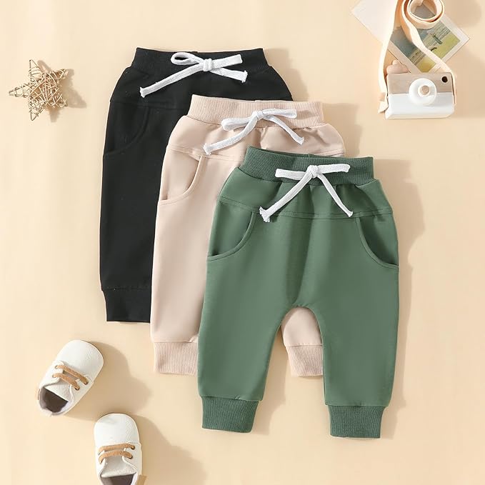 Sejardin Toddler Baby Boy Girl Pants 3 Pack Solid Color Elastic Waist Jogger Sweatpants Newborn Infant Casual Bottoms
