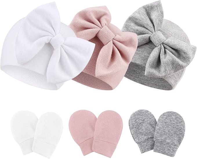 Newborn Baby Hats and Mittens Set Infant Bow Beanie Cap Toddler Gloves Newborn by AQOKKA