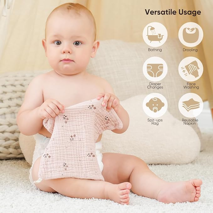 Bearmoss 12 Pack Baby Muslin Washcloths, 100% Cotton 10"x10" Face Towels - Image 4