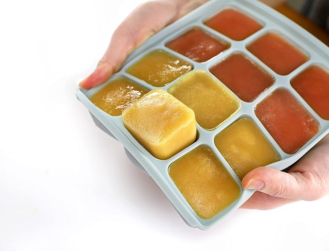 Baby Food Storage Silicone Cubes with Clip-On Lid Freezer Tray Baby Food Soups Purees Ice Safe Design Made in Korea (12cubes 1.5oz, Celadon Green Set of 2)