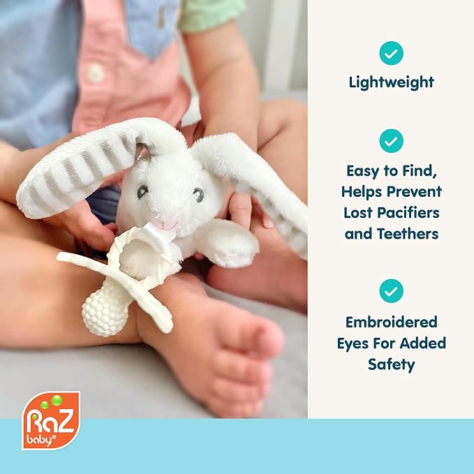 RaZbaby Bunny RaZbuddy w/RaZberry Teething Relief Pacifier – Soothes Sore Gums w/Nature-Inspired Texture, 100% BPA-Free Silicone Teether, Detachable Stuffed Animal – 3 Months+ Teether, Coconut