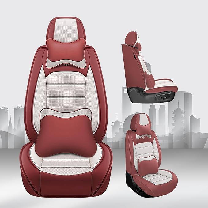 JOJ Car Seat Cover Fit for Toyota Highlander 2001-2025,7 Seat Car Seat Cover,No-Slip Waterproof Breathable Faux Leather,Full Set with Pillow Steering Wheel Covers,Cream Red