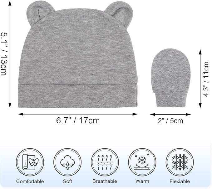 Newborn Baby Hat and Mittens Set Bear Ears Toddler Infant Beanie Caps Newborn - Image 2