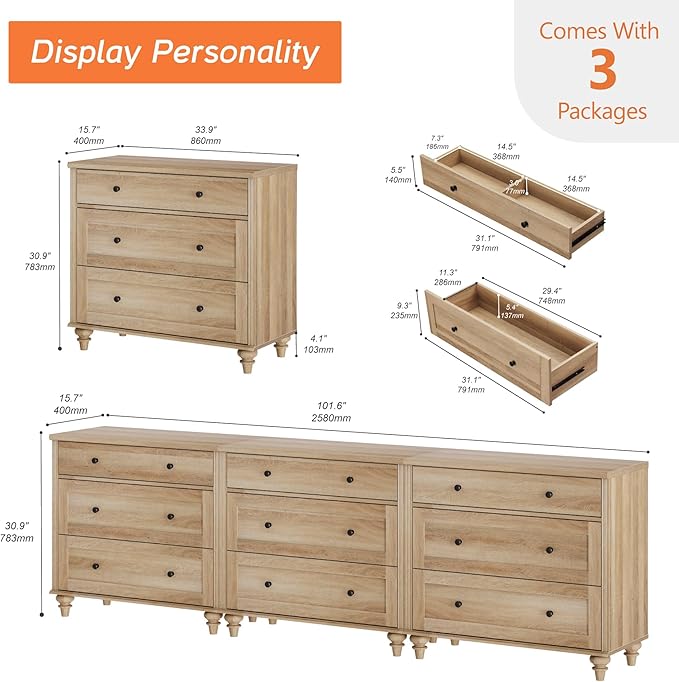 WAMPAT Oak Dresser for Bedroom with 9 Drawers, Kids Dressers with Wide Chest of Drawers, Mid Century Modern Wooden Closet Storage Organizer, Large Wood Dressers for Living Room, Nursery, Hallway