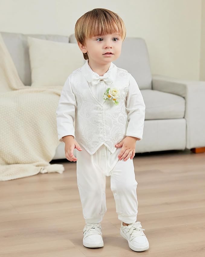 Baby Boy Clothes Gentleman Baby Suit Long Sleeve Romper+Vest+Bow Tie+Corsage 4Pcs Boys Formal Jumpsuit