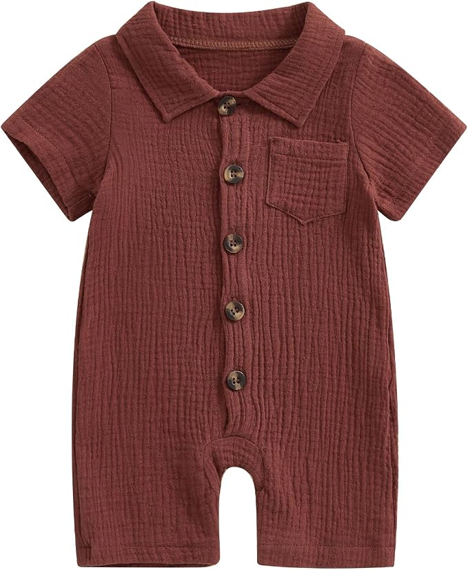 Honganda Summer Baby Boy Cotton Linen Jumpsuit Short Sleeve Button Down by Honganda