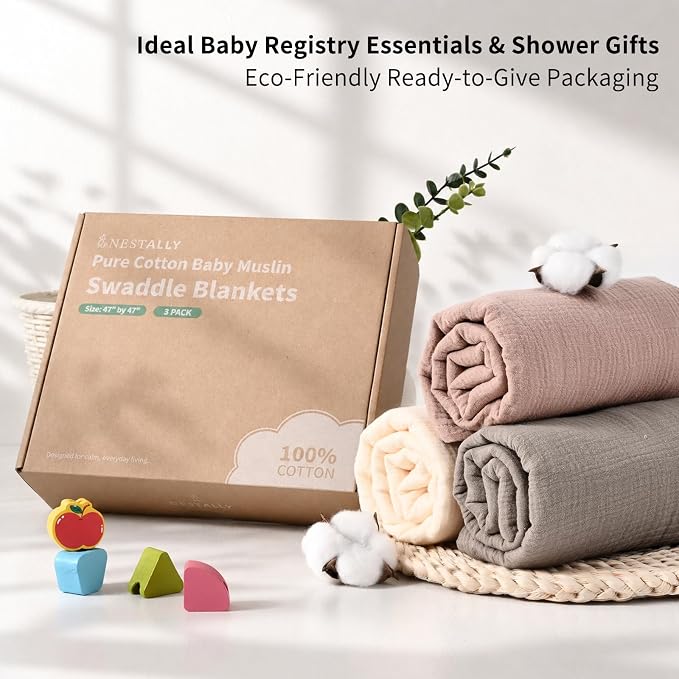 NESTALLY Cocoon Muslin Swaddle Blankets 3 Pack, Camel & Beige | 100% Cotton - Image 3