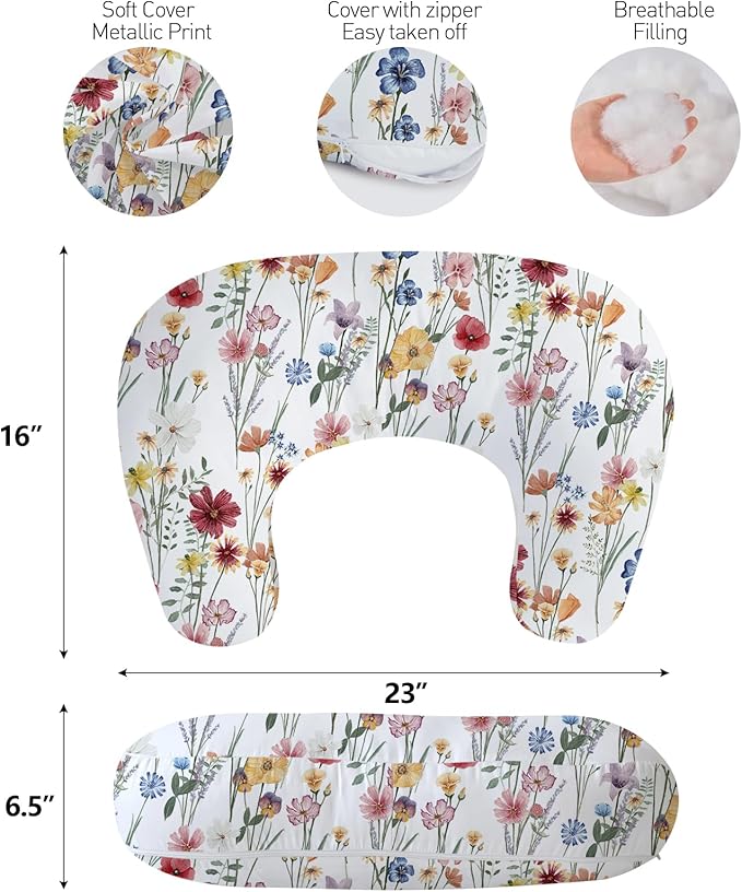 Little Grape Land Nursing Pillow,Upgraded Breast Feeding Pillow for Mom,Breastfeeding & Bottle Feeding for 0–16 Months, Soft Machine Washable Cover with Firm Breathable Filling, Tummy Time,Flower