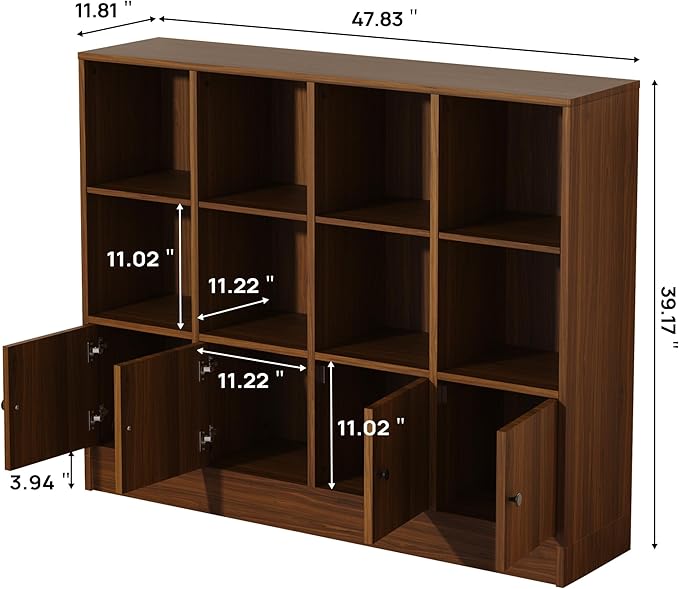 Brown Bookshelf, Wood Bookcase with 3 Tier Shelves, 12 Cube Storage Organizer with Doors for Bedroom, Living Room, 47.8" W x 39.1" H