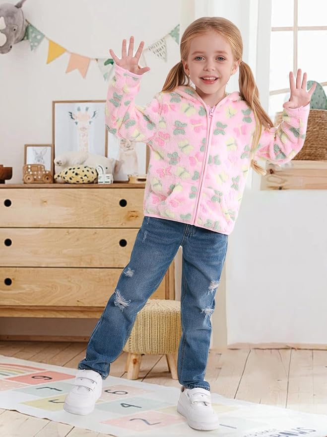 Toddler Baby Girl Fleece Jackets Fall Clothes Hooded Zip Fuzzy Coats - Image 2