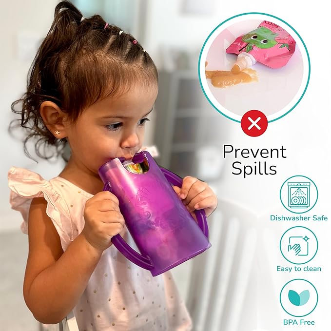 Flipping Holder with lid for Food Pouches & Juice Boxes - Multipurpose Design - Prevent Messes & Support Self-Feeding - Handles for Easy Grasping - Made in USA