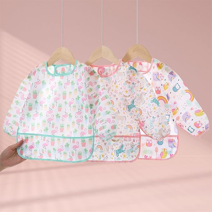 3 Pcs Waterproof Long Sleeves Baby Bibs Weaning Smock Bib 3-24 Months