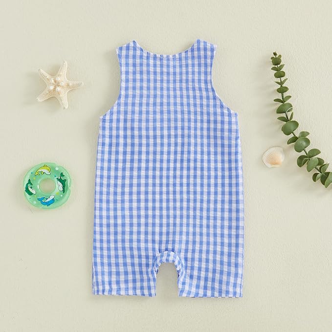 Newborn Baby Boys Sleeveless Seersucker Romper One Piece Straps Overalls - Image 3