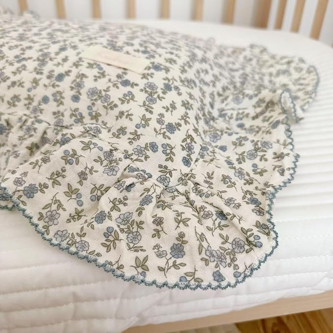 AOJIM Blue Floral Print Muslin Cotton Kids Toddler Pillowcase for Boys Girls Super Soft Baby Crib Bedding Pillowcase with Ruffle Edges, Breathable Nursery Pillowcase Durable Kids Pillow Cover 14x20''