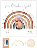 100% Organic Cotton Muslin Monthly Baby Milestone Blanket with Wooden Hello World Newborn Sign, Newborn Photography Props, Birth Announcement Sign, Rainbow