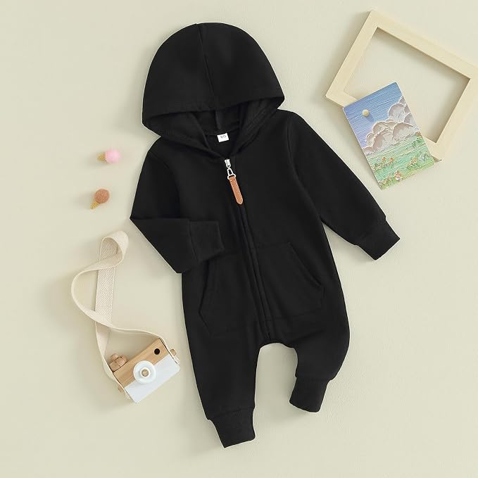 Infant Baby Boy Girl Clothes Solid Hoodie Romper Zip Up Long Sleeve Hooded - Image 2