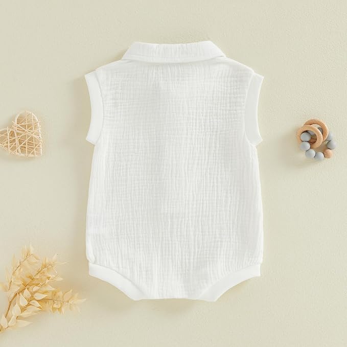 Honganda Newborn Baby Boy Cotton Linen Romper Short Sleeve Lapel Collar Button - Image 5