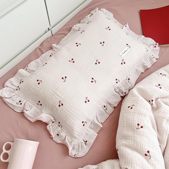 AOJIM Pink Cotton Muslin Kids Toddler Pillowcase Super Soft Baby Crib Bedding Pillowcase with Ruffle Edges Machine Washable Cherry Nursery Pillowcase for Boys Girls, Durable Kids Pillow Cover, 26*20''