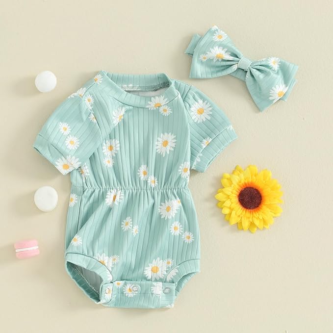 FOCUSNORM Baby Girl Summer Clothes Ribbed Short Sleeve Romper Solid Color - Image 3