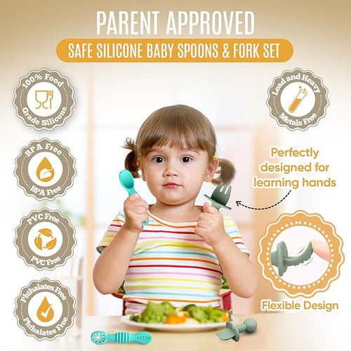 4pc Silicone Baby Spoons Self Feeding Baby Utensils 6-12 Months - 3 Baby Spoon - 1 Baby Fork - Toddler Cutlery Set - BPA Free, Dishwasher Safe - Baby Eating Essentials (Turquoise/Pickle)