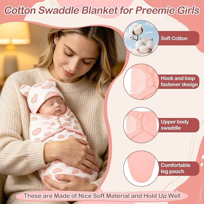 3 Pack Preemie Swaddle with Hat and Mittens Set, Adjustable Cotton Swaddle - Image 5