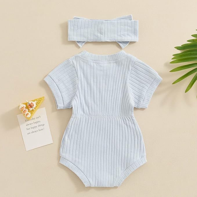 FOCUSNORM Baby Girl Summer Clothes Ribbed Short Sleeve Romper Solid Color - Image 4