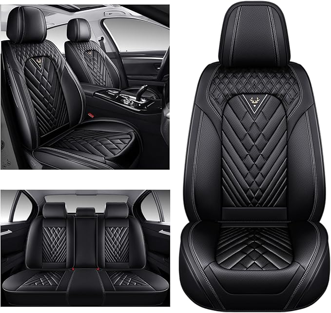 Car Seat Cover Full Set, Waterproof Leather Seat Cover,Front and Rear Auto Seat Cover, Breathable Car Seat Cushion, Full Coverage Car Seat Protector Universal Fit Most Cars (5 Seat,Black)