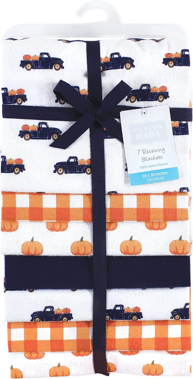 Hudson Baby Unisex Baby Cotton Flannel Receiving Blankets Bundle, Pumpkin Truck - Image 2