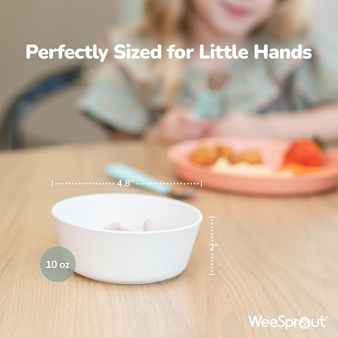 WeeSprout Bamboo Kids Bowls, Set of Four 10 oz Kid-Sized Dinnerware, Cereal, Leftovers & Snack Bowl, Dishwasher Safe (Pink, Green, Gray, & Beige)