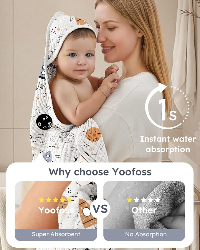 Yoofoss Hooded Baby Bath Towels 2 Pack 100% Muslin Organic Cotton - Image 3