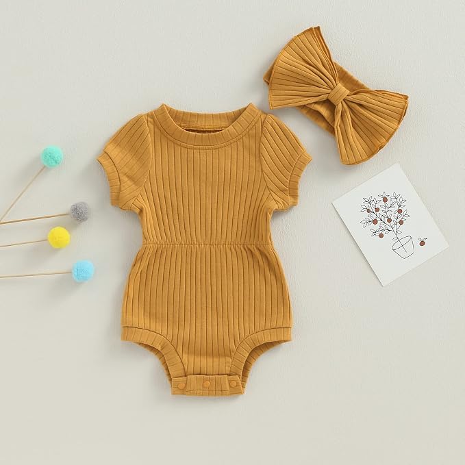 FOCUSNORM Baby Girl Summer Clothes Ribbed Short Sleeve Romper Solid Color - Image 2
