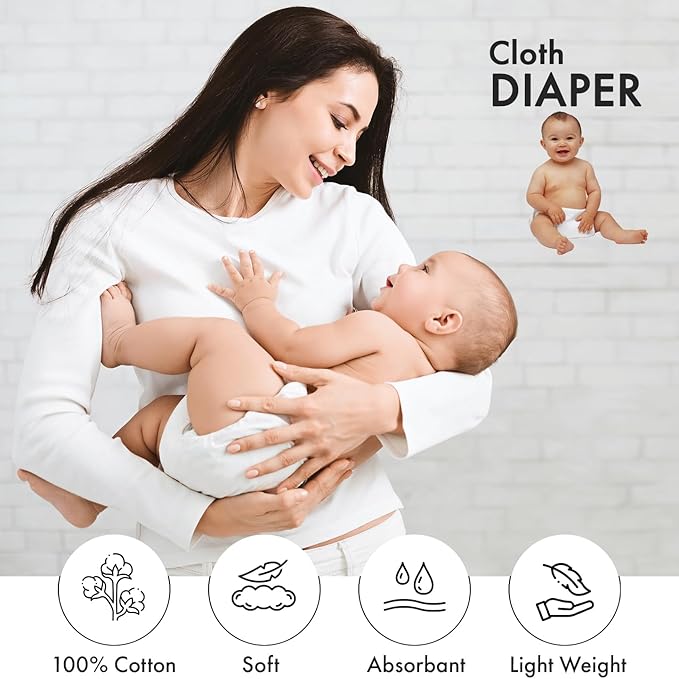 RUVANTI Unisex Birdseye Flat-Fold Cloth Diapers for Babies 10 Pack, 100% Cotton Reusable Diaper Inserts 23x23 Inches, White