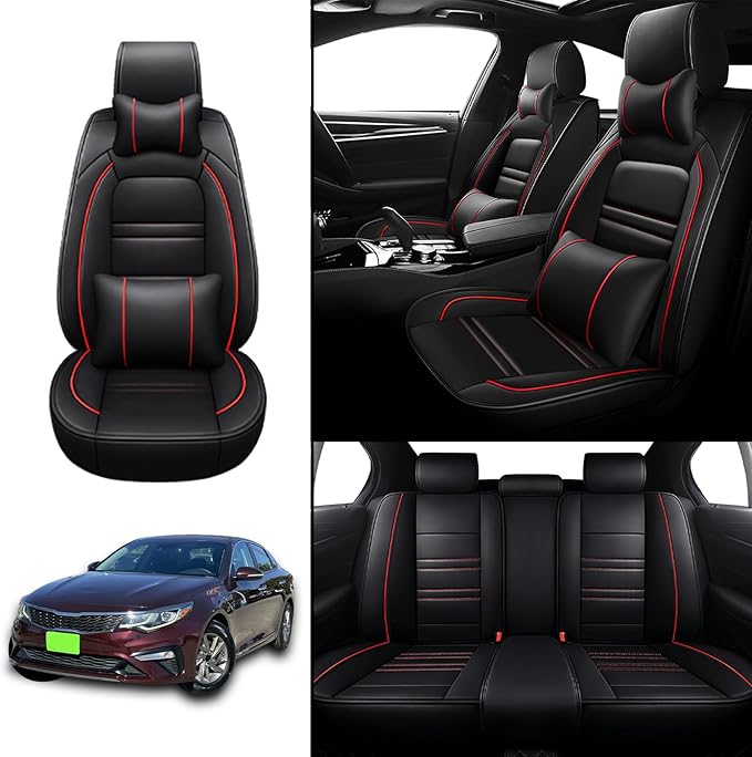 Car Seat Covers for kia Optima 2003-2020 | 5-Seats Seat Covers, Waterproof Seat Protectors, Automotive Seat Covers (Full Set with Pillow,Black&Red Line)
