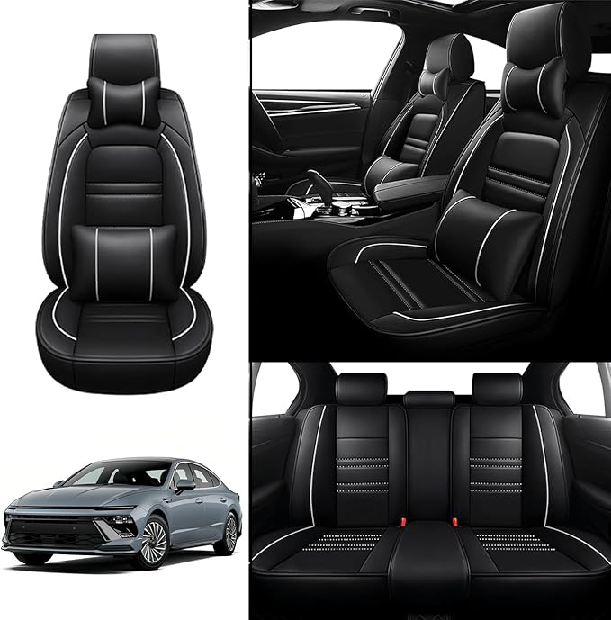 Car Seat Covers for Hyundai Car Sonata 2002-2025 | 5-Seats Seat Covers, Waterproof Seat Protectors, Automotive Seat Covers (Full Set with Pillow,Black&White Line)