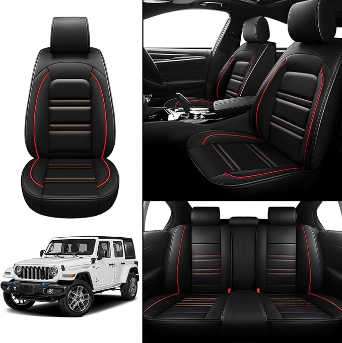 Seat Covers for JP Wrangler 2007-2025 | 5-Seats Leather Seat Covers, Easy to Install Automotive Seat Covers Full Set (Full Set, Black&Red Line)