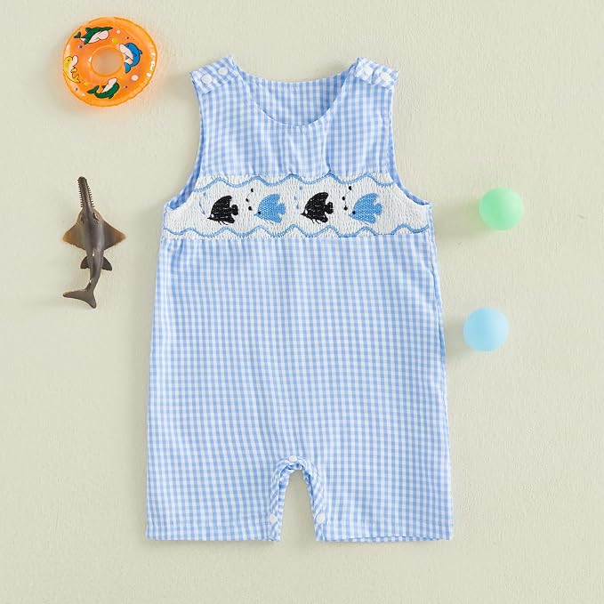 Newborn Baby Boys Sleeveless Seersucker Romper One Piece Straps Overalls - Image 2