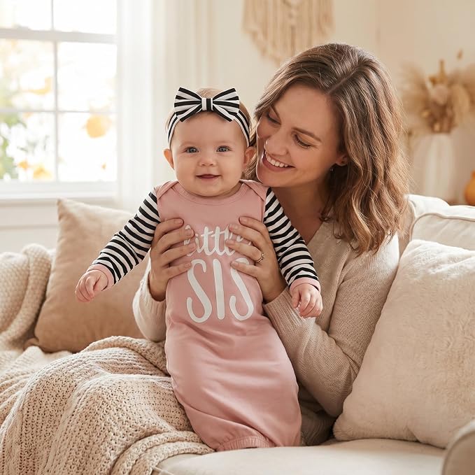 AMAWMW Newborn Baby Girl Little Sister Sleeper Gown Stripe Long Sleeve - Image 4
