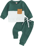 Toddler Baby Boy Fall Clothes Waffle Outfit Long Sleeve Color Blocking Sweatshirt Pullover Jogger Pant Set
