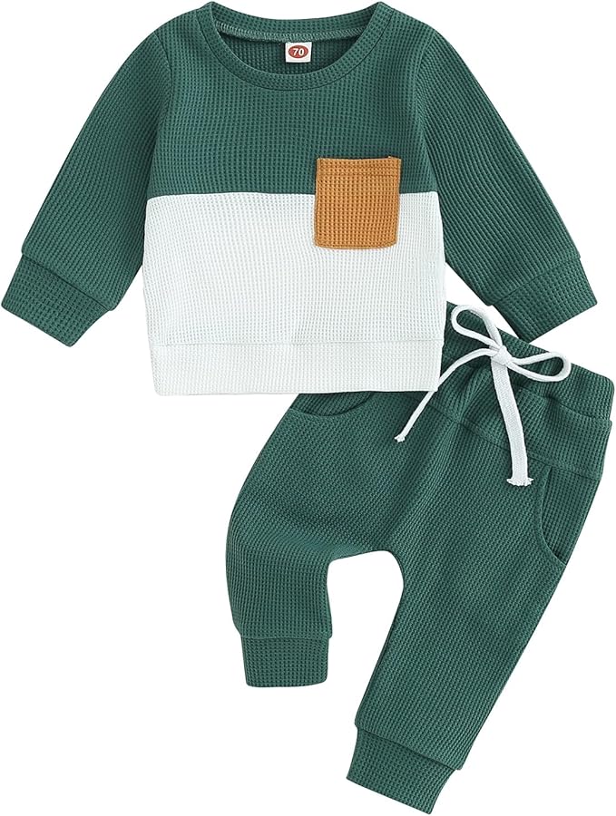 Toddler Baby Boy Fall Clothes Waffle Outfit Long Sleeve Color Blocking Sweatshirt Pullover Jogger Pant Set