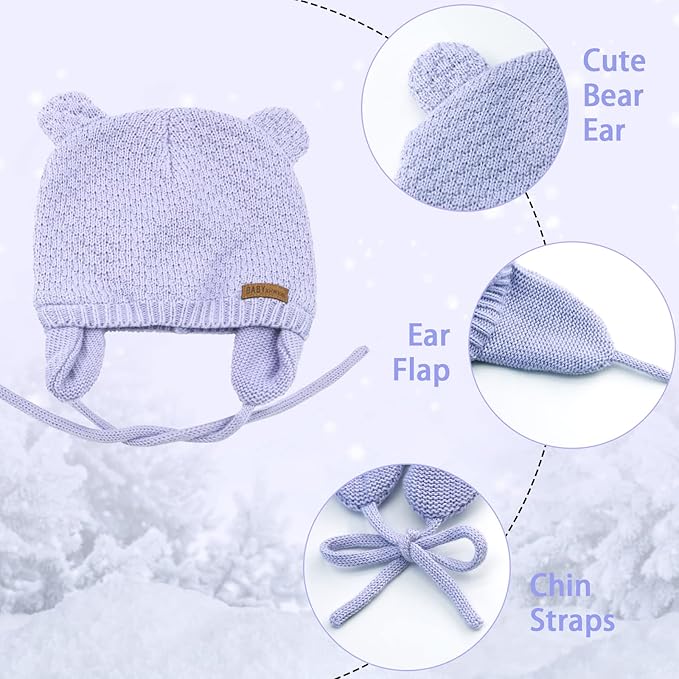 BAVST Baby Beanie Hat for Winter with Earfalp Cute Bear Kids Toddler Girls Boys Warm Knit Cap 0-2Years