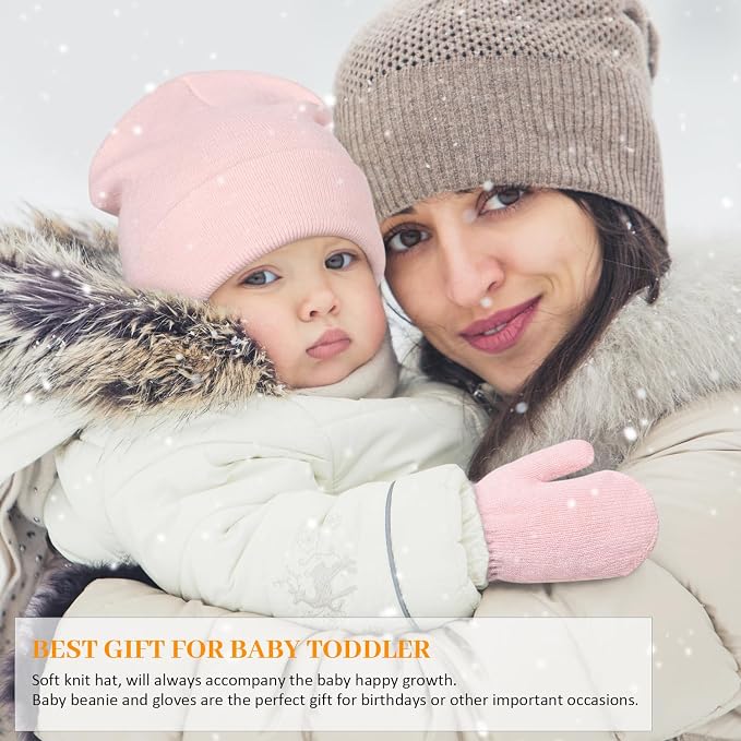 Baby Beanie Hat Gloves Set, Kids Winter Warm Knit Hat - Image 3