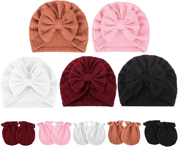 BQUBO Baby Turban Hats and Mittens Set Newborn Infant Hospital Hats Caps by DRESHOW