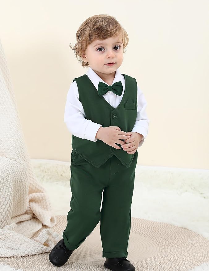 A&J DESIGN Baby Boy Suits Clothes Infant Toddler Formal Gentleman Outfits, Dress Shirt + Vest + Bow Tie + Pants Wedding Set