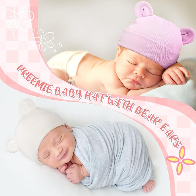 Toulite 6 Pcs Preemie Hats Cotton Preemie Beanies Baby Caps Cute Beanie Bear - Image 6