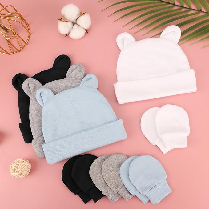 Newborn Baby Hat and Mittens Set Bear Ears Toddler Infant Beanie Caps Newborn - Image 5